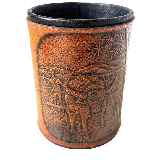 PETER PINDER Leather Pen Holder Brown Caribou Water Buffalo Bamboo 4" Felt - Picture 1 of 10